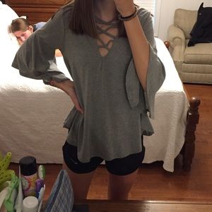 grey soft skirt with strings and ruffled sleeves